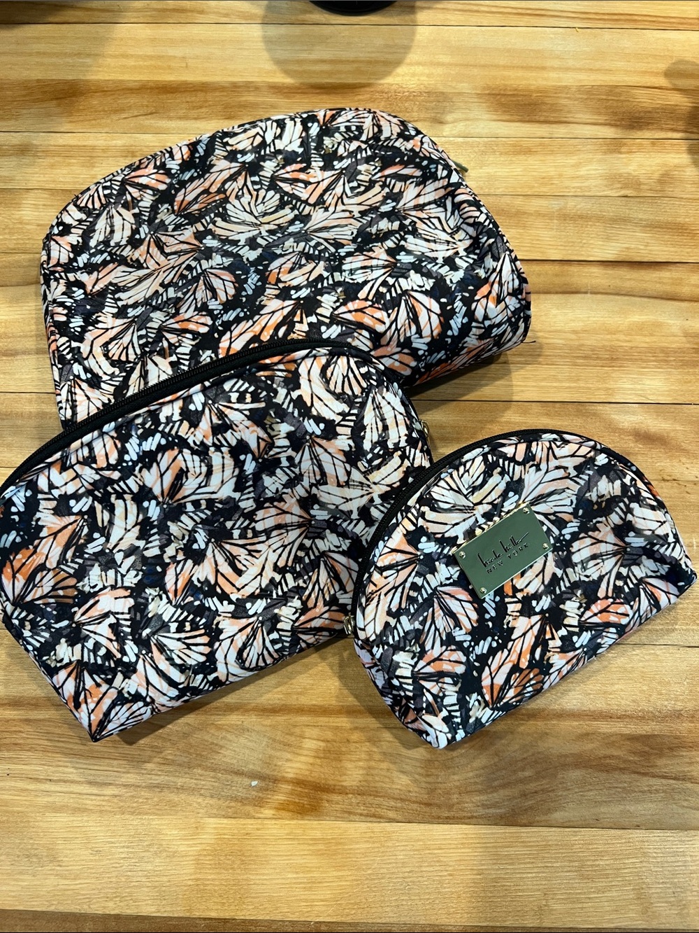 Monarch Butterfly Print nesting set Cosmetic Bag Trio black orange zip bags